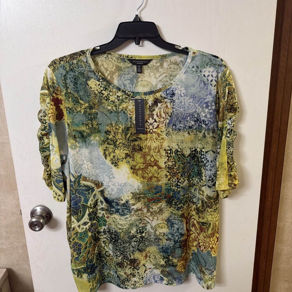 Investments Womens 3X Wearable Art Top Short Sleeve Stretch Multicolor Tapestry